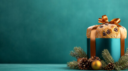 Panettone italian bread wrapped in luxurious packaging in middle of Christmas decorations on a blue background with copy space