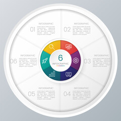 Circle chart infographic template with 6 options for presentations.