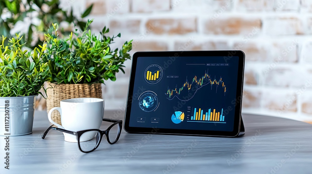 Canvas Prints a tablet displaying financial data charts sits on a table next to a cup and glasses, with greenery i