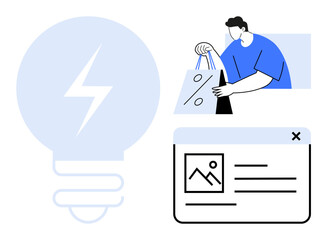 Man holding shopping bags, web browser window with image and text, large lightbulb icon. Ideal for e-commerce, digital marketing, innovation, online retail, shopping, customer engagement and user