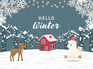 夜の冬の森の風景　可愛いシロクマの親子