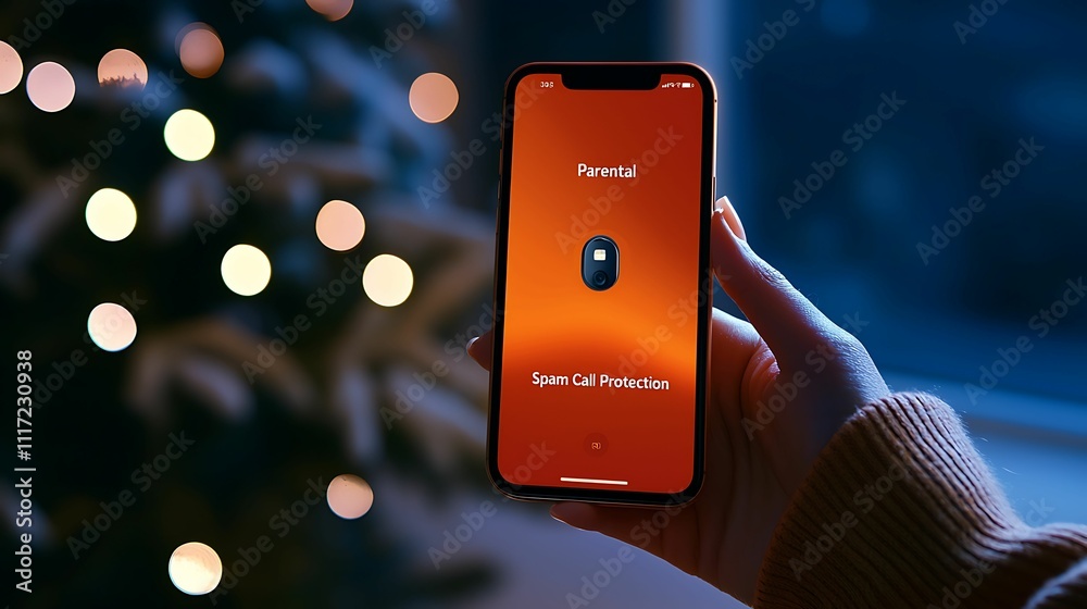 Wall mural a hand holds a smartphone displaying a glowing app interface against a blurred festive background of