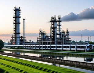 Obraz premium Industrial Refinery Complex at Sunrise Modern Petrochemical Plant Green Landscape