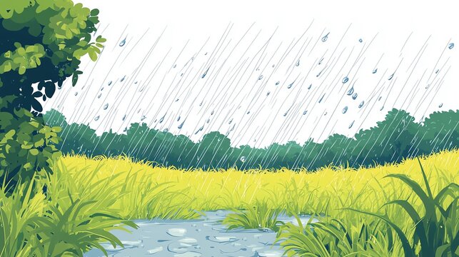 a 2D cartoon illustration of a rainstorm over a field, wet and wild, white background--ar 16:9