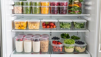 Inside the organized fridge every item has its place. The top shelf contains large colorful salads in clear containers while the middle shelf features neatly organized jars of