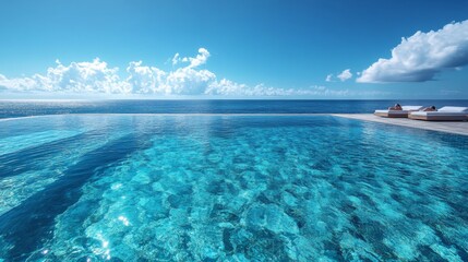 Fototapeta premium An inviting infinity pool with crystal-clear water overlooks a stunning ocean, surrounded by a bright blue sky and soft clouds, ideal for relaxation.