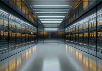 Obraz premium Modern Data Storage Facility with Sleek Metallic Shelving Units and Bright LED Lighting for High-Tech Environment in a Secure and Innovative Space