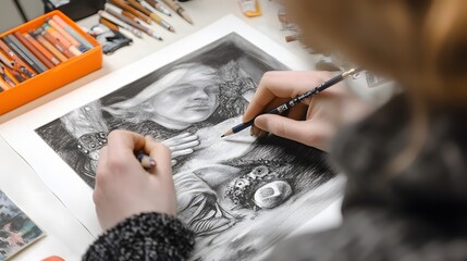 A close-up of a student sketching a detailed drawing during an art class, with pencils and erasers scattered on the table.