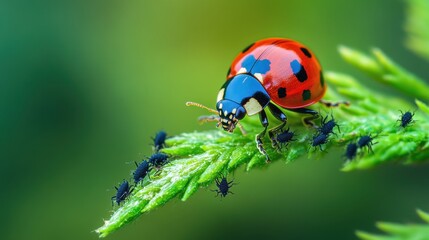 Fototapeta premium Close-up of ladybug on green leaf with aphids. Illustrates natural pest control; ladybug eating aphids.