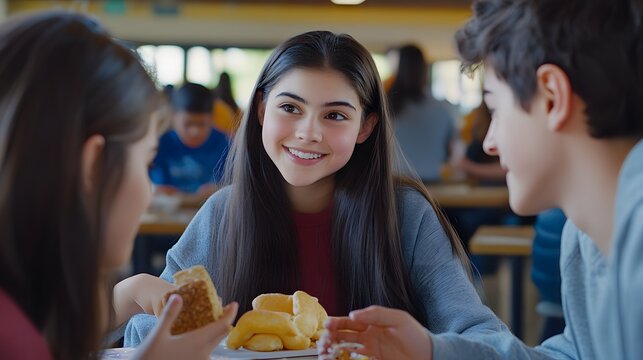A cinematic shot of students sharing snacks and chatting during lunchtime at the school cafeteria.