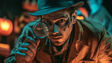 A zombie detective solving mysteries at a Halloween event, with a magnifying glass.