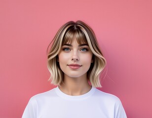 Fototapeta premium Beautiful Woman Blonde Bob Haircut Pink Background Fashion Portrait