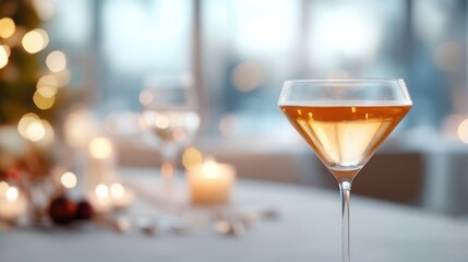 Beautiful Christmas decorations, cocktails, winter scenery, snow, winter scene, warm and cozy atmosphere.