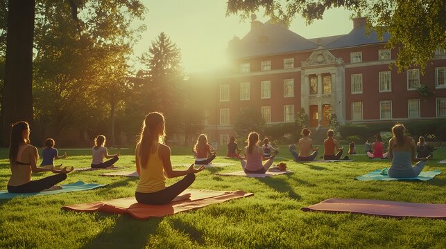 A cinematic capture of a teacher leading students in an outdoor yoga session, with mats spread out on a sunny lawn.