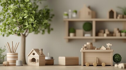 Playroom with a treehouse theme, wooden toy chests, and forestgreen accents, sparking adventure and imagination