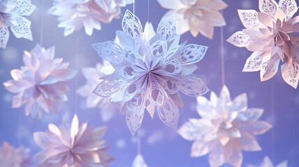 Large paper flakes with intricate floral patterns, suspended in descending size order against a soft lavender background