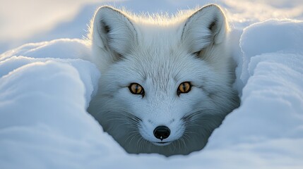 Naklejka premium Arctic fox peering from snow den, intense gaze. Perfect for winter, wildlife, and arctic themes.