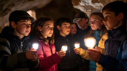 Fototapeta premium A storytelling capture of students exploring caves during a geology-themed school field trip, holding flashlights to illuminate the rock formations.
