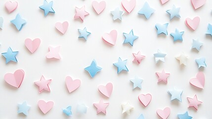 Fototapeta premium Soft pastel paper flakes in heart and star shapes, scattered loosely on a creamy white background