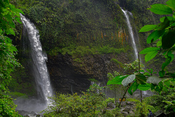 Obraz premium Waterfall on a rock cliff in a green forest