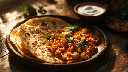 Delicious Paneer Bhurji with Paratha and Yogurt Indian Cuisine