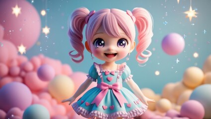 Fototapeta premium Adorable 3D Render of a Cute Pink-Haired Girl in a Pastel Dress Surrounded by Floating Balloons and Stars