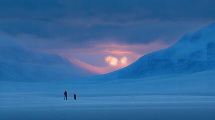 Two figures stand in a vast, snowy landscape at twilight, mountains in the background.