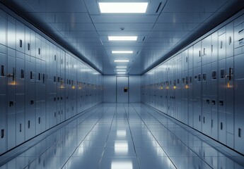 Obraz premium Modern Secure Vault Corridor with Metal Lockers and Bright Ceiling Lights in a High-Tech Environment, Ideal for Banking or Storage Concepts