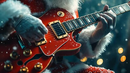 A Festive Holiday Scene Featuring Santa Claus Playing a Red Electric Guitar Surrounded by Snowflakes