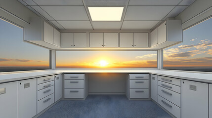Modern office with panoramic sunset view.