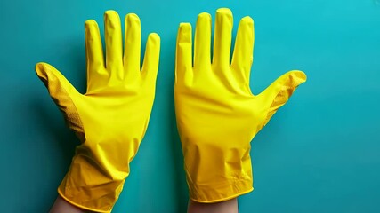 Yellow rubber gloves in a cleaning gesture against turquoise backdrop