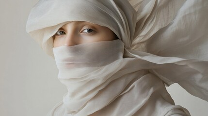 Silver cloth wrapped in a minimalist fashion shoot, emphasizing clean textures and smooth design lines, model posed against a neutral backdrop