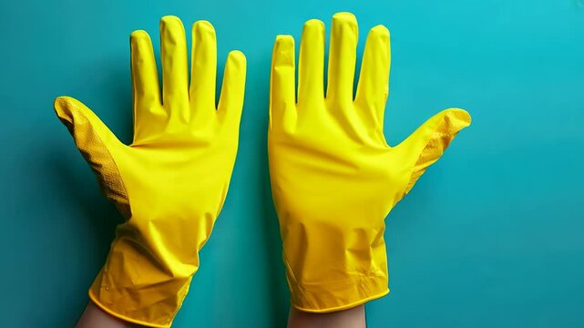 Yellow rubber gloves in a cleaning gesture against turquoise backdrop