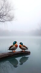 A pair of lovely Mandarin ducks in the lake
