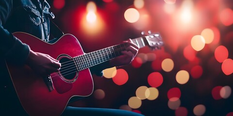 Fototapeta premium A person playing an acoustic guitar against a blurred, colorful background.
