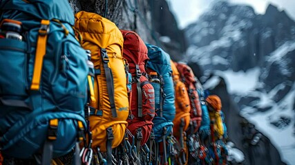 Vibrant alpine backpacks lined against majestic mountains
