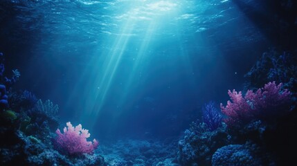 A serene deep ocean background with exotic and colorful marine life, intricate coral reefs, and soft beams of light illuminating the depths. Ideal for a little mermaid theme,
