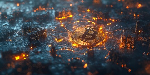 Glowing Bitcoin on Global Network Cryptocurrency Blockchain Finance