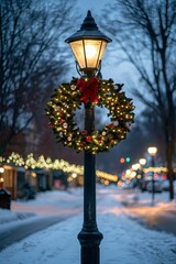 A street lamp post decorated with a light-up wreath. The wreath shines brightly, adding to the holiday spirit, Generative AI 