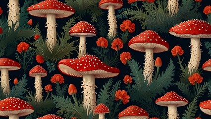 Seamless illustration with red fly agarics Generative AI