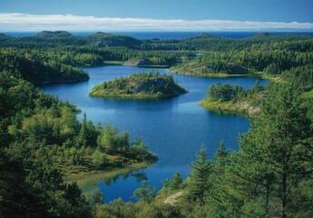 Fototapeta premium Scenic View of Tranquil Lake Surrounded by Lush Green Forests and Rolling Hills Under a Clear Blue Sky