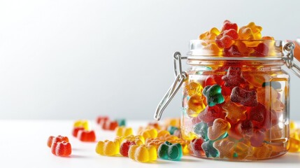 Fototapeta premium Bright jar filled with tiny, colorful gummy bears on a white transparent background