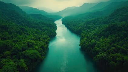 Serene Aerial View of a Lush Green River Flowing Through Majestic Mountains Under a Mystical Foggy Sky in a Tropical Landscape