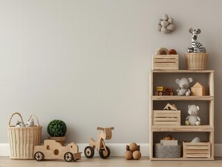 Vintageinspired toy room with retro toys, wooden storage crates, and soft muted tones, blending nostalgia with modern organization