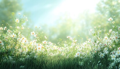 Obraz premium Serene Green Field with Delicate White Flowers Under Soft Morning Light Creating a Peaceful and Refreshing Nature Scene in a Dreamy Atmosphere