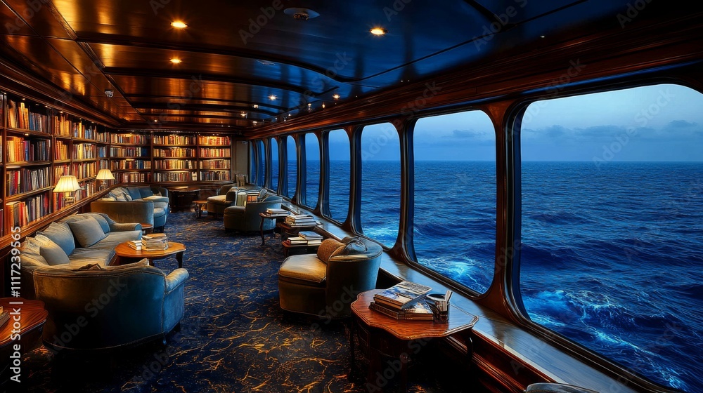 Poster A tranquil library aboard a cruise ship features comfortable seating and large windows showcasing a stunning ocean view at sunset, creating a serene atmosphere for guests.