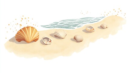 Obraz premium a 2D cartoon illustration of a beach with seashells on the sand, sunny and relaxing, white background--ar 16:9