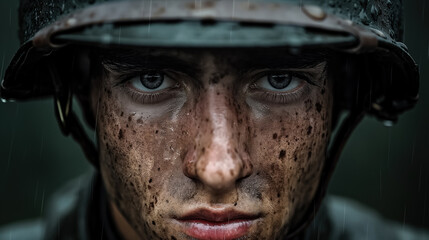 Obraz premium Intense expression of a caucasian young male soldier in rain
