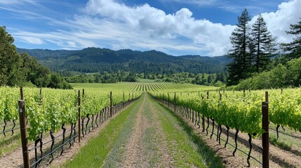 Fototapeta premium Expansive vineyard landscape with rows of grapevines stretching into the distance