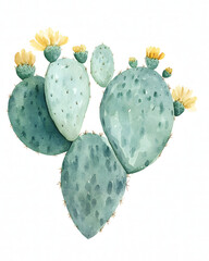 Watercolor Prickly Pear Cactus with Yellow Flowers on White Background
